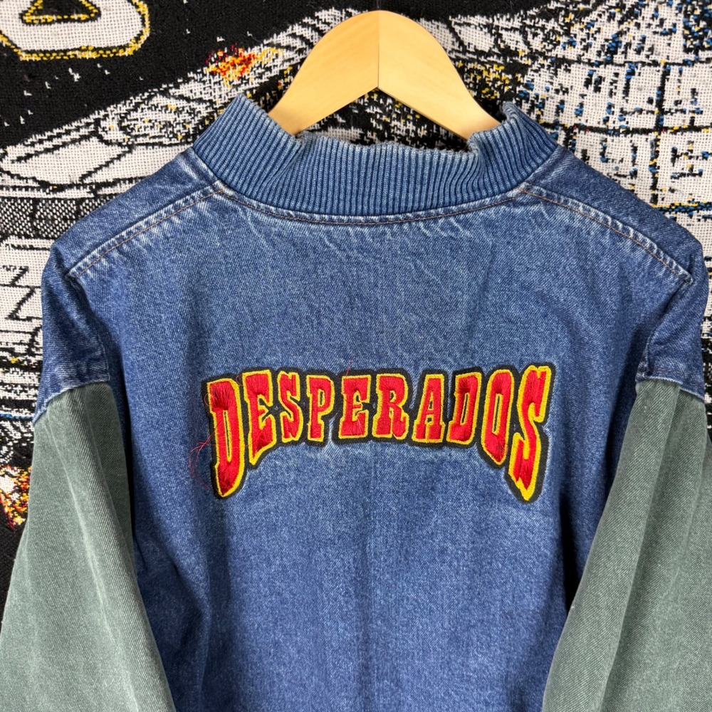 Vintage Desperados Denim Varsity Jacket Blue Green Embroidered Bomber Mens XL